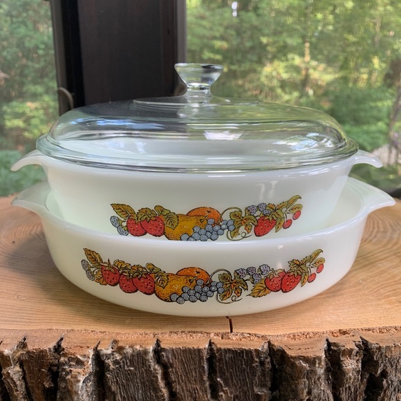 Anchor Hocking Fire King 437 1.5 Qt & 429 Casseroles w Lid Natures Bounty Fruit - Picture 1 of 10